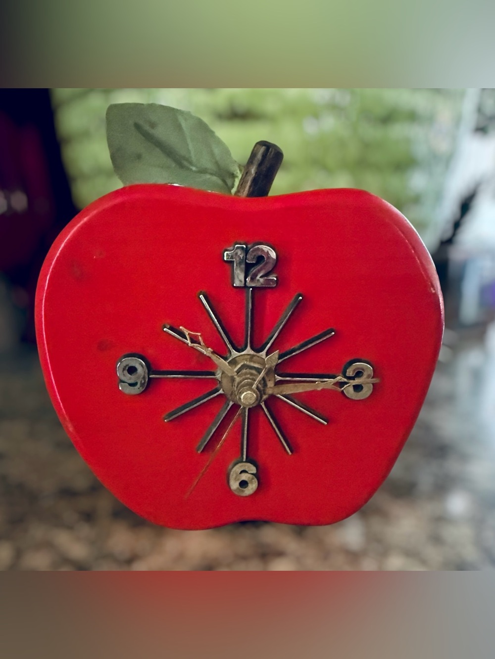 Vintage Red Wood Apple Clock with Gold Hands- Hand-Crafted- Works